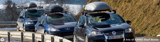 Roofboxes left to right: KAMEI Corvara 310 Duolift titanium met., KAMEI Corvara 390K Duolift black met., KAMEI Delphin 340K at the Roof Box Company